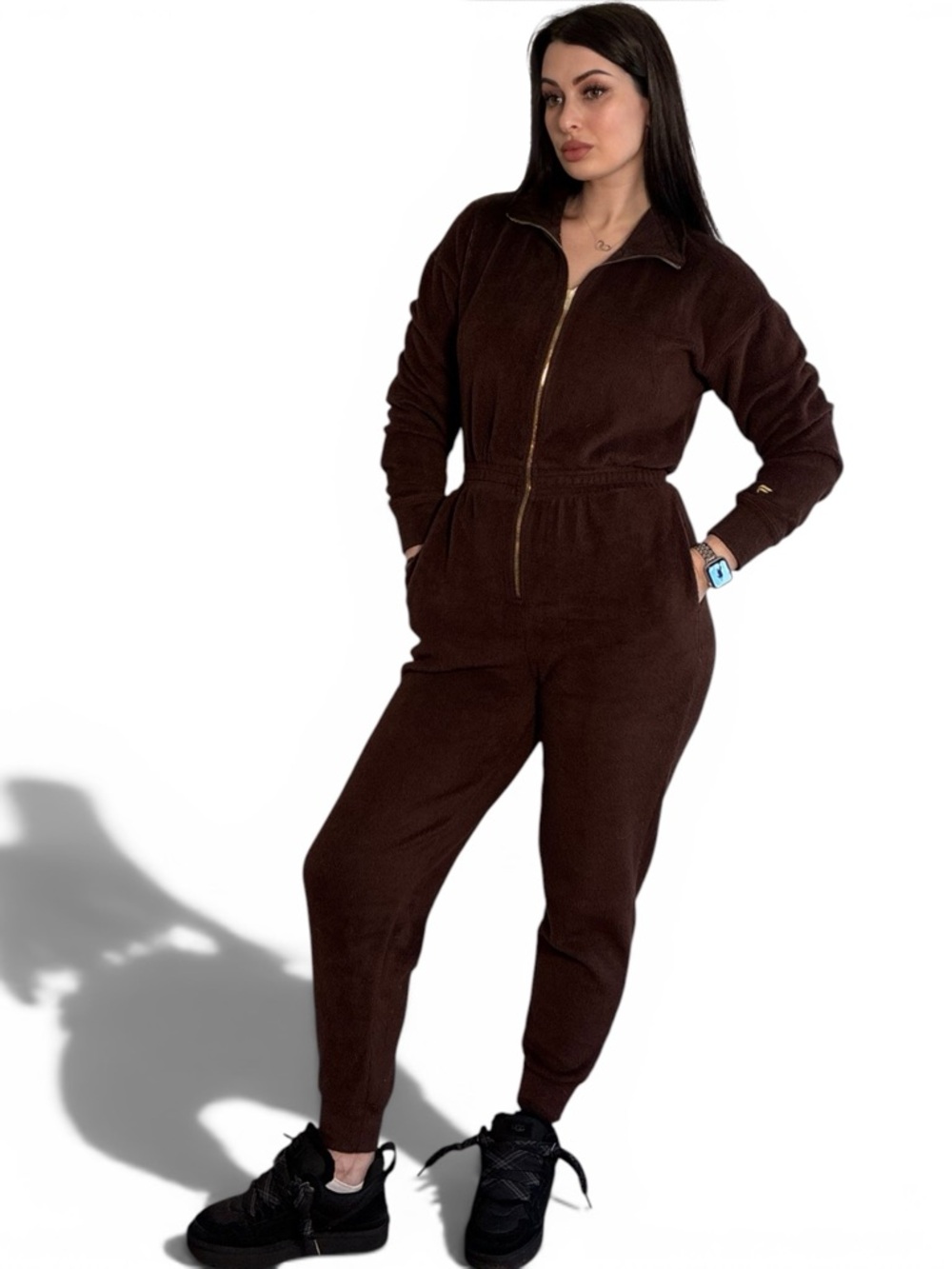 Fabletics Brown Sherpa Fleece Jumpsuit Cozy Zip One Piece Lounge Set M
